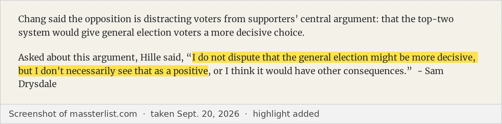 Screenshot of the MASSterList story “Reform groups clash over primary overhaul,” taken Sept. 20, 2026, with the quoted words highlighted.