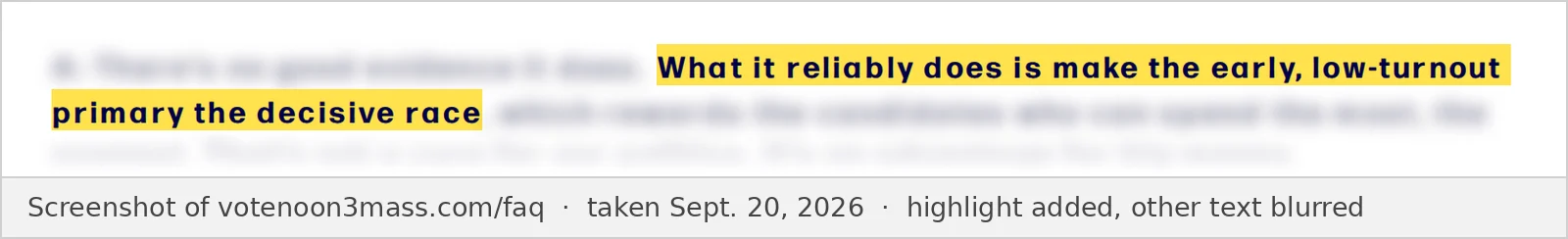 Screenshot of the No on 3 website FAQ page, taken Sept. 20, 2026, showing only the words quoted above. The rest of the text is blurred.