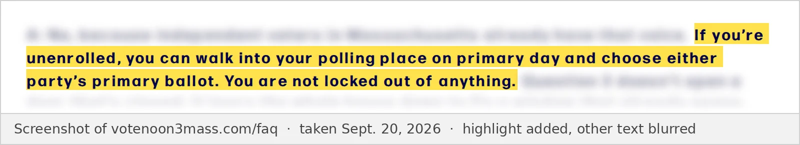 Screenshot of the No on 3 website FAQ page, taken Sept. 20, 2026, showing only the words quoted above. The rest of the text is blurred.