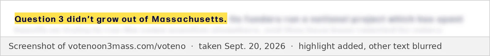 Screenshot of the No on 3 website Why Vote No page, taken Sept. 20, 2026, showing only the words quoted above. The rest of the text is blurred.