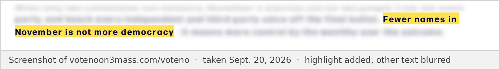 Screenshot of the No on 3 website Why Vote No page, taken Sept. 20, 2026, showing only the words quoted above. The rest of the text is blurred.