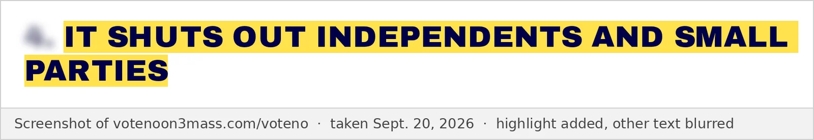 Screenshot of the No on 3 website Why Vote No page, taken Sept. 20, 2026, showing only the words quoted above. The rest of the text is blurred.
