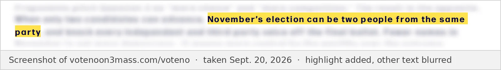 Screenshot of the No on 3 website Why Vote No page, taken Sept. 20, 2026, showing only the words quoted above. The rest of the text is blurred.